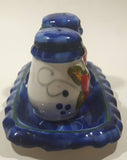 Vintage Strawberry Themed Hand Painted Blue and White 3" Tall Salt and Pepper Shaker Set with Tray