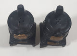 Vintage Black Pot Belly Cook Stove Shaped Plastic 3 3/4" Tall Salt and Pepper Shaker Set Made in Hong Kong