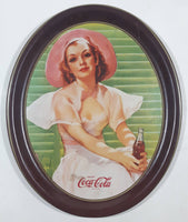 Vintage 1977 Reproduction of 1938 Coca Cola Calendar Girl Advertisement 10 1/2" x 12 3/4" Oval Shaped Tin Metal Beverage Serving Tray