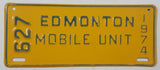 Rare Vintage 1974 Edmonton Mobile Unit Yellow 3 3/4" x 8 3/4" Vehicle License Plate Tag 627