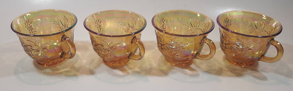 Set of 4 Vintage Indiana Carnival Glass Harvest Leaf Pattern Orange Amber Iridescent Rainbow Punch Bowl Cup