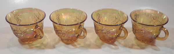 Set of 4 Vintage Indiana Carnival Glass Harvest Leaf Pattern Orange Amber Iridescent Rainbow Punch Bowl Cup