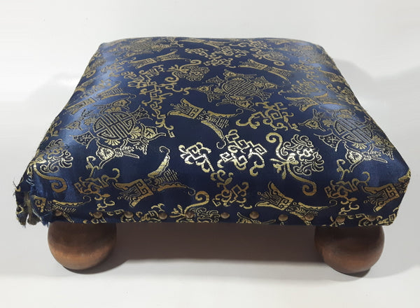 Antique Ottoman Empire Dark Royal Blue Chinese Coin Ornate Pattern Small Low Studded Footstool with Bulb Feet