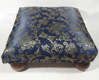 Antique Ottoman Empire Dark Royal Blue Chinese Coin Ornate Pattern Small Low Studded Footstool with Bulb Feet