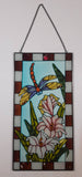 Beautifully Designed Dragonfly with Pink Flowers 8 1/4" x 16" Metal Framed Stained Painted Glass Window Pane Sun Catcher