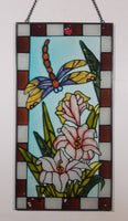 Beautifully Designed Dragonfly with Pink Flowers 8 1/4" x 16" Metal Framed Stained Painted Glass Window Pane Sun Catcher