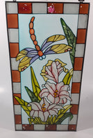 Beautifully Designed Dragonfly with Pink Flowers 8 1/4" x 16" Metal Framed Stained Painted Glass Window Pane Sun Catcher