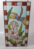 Beautifully Designed Dragonfly with Pink Flowers 8 1/4" x 16" Metal Framed Stained Painted Glass Window Pane Sun Catcher