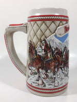 1985 Budweiser Holiday Stein Collection "A" Series "The hitch journeying through snow-capped mountains on a crisp winter's morn." 6 3/8" Tall Ceramic Beer Stein Mug