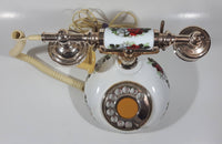 Vintage Style French La Belle Red and White Rose Flower Decor Brass and White Porcelain Rotary Telephone