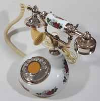 Vintage Style French La Belle Red and White Rose Flower Decor Brass and White Porcelain Rotary Telephone