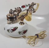 Vintage Style French La Belle Red and White Rose Flower Decor Brass and White Porcelain Rotary Telephone