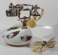 Vintage Style French La Belle Red and White Rose Flower Decor Brass and White Porcelain Rotary Telephone