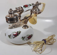 Vintage Style French La Belle Red and White Rose Flower Decor Brass and White Porcelain Rotary Telephone