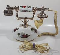 Vintage Style French La Belle Red and White Rose Flower Decor Brass and White Porcelain Rotary Telephone