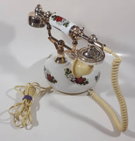 Vintage Style French La Belle Red and White Rose Flower Decor Brass and White Porcelain Rotary Telephone