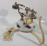 Vintage Style French La Belle Red and White Rose Flower Decor Brass and White Porcelain Rotary Telephone