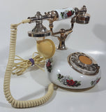 Vintage Style French La Belle Red and White Rose Flower Decor Brass and White Porcelain Rotary Telephone