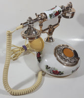 Vintage Style French La Belle Red and White Rose Flower Decor Brass and White Porcelain Rotary Telephone