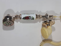 Vintage Style French La Belle Red and White Rose Flower Decor Brass and White Porcelain Rotary Telephone