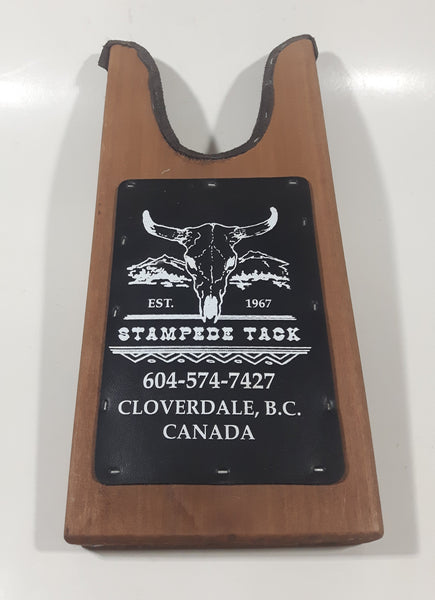 Stampede Tack Est. 1967 Cloverdale, B.C. Canada Leather Wood Wooden Boot Jack Puller with Leather Advertising Piece