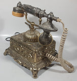 Vintage Onyx Telecommunication Ornate Victorian French Baroque Brass Toned Heavy Metal Rotary Telephone Partially Working