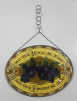 Rare Hard to Find Hand Painted "May Our House Be Warm And Our Friends Be Many" 6 1/2" x 9" Oval Shaped Stained Window Glass Sun Catcher