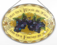 Rare Hard to Find Hand Painted "May Our House Be Warm And Our Friends Be Many" 6 1/2" x 9" Oval Shaped Stained Window Glass Sun Catcher