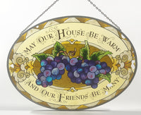 Rare Hard to Find Hand Painted "May Our House Be Warm And Our Friends Be Many" 6 1/2" x 9" Oval Shaped Stained Window Glass Sun Catcher