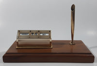 Vintage Sheaffer Gold Tone Metal Perpetual Calendar Date Day Desk Top Pen Holder Set on Wood Base