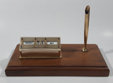 Vintage Sheaffer Gold Tone Metal Perpetual Calendar Date Day Desk Top Pen Holder Set on Wood Base