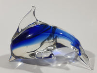 Art Glass Clear and Cobalt Blue Dolphin Sculpture Ornament 5" Long