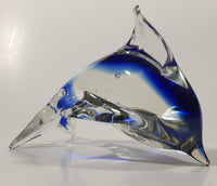 Art Glass Clear and Cobalt Blue Dolphin Sculpture Ornament 5" Long