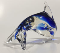 Art Glass Clear and Cobalt Blue Dolphin Sculpture Ornament 5" Long