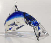 Art Glass Clear and Cobalt Blue Dolphin Sculpture Ornament 5" Long