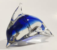 Art Glass Clear and Cobalt Blue Dolphin Sculpture Ornament 5" Long