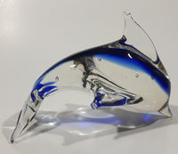 Art Glass Clear and Cobalt Blue Dolphin Sculpture Ornament 5" Long