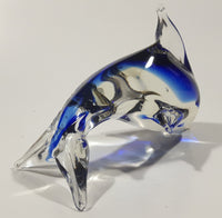 Art Glass Clear and Cobalt Blue Dolphin Sculpture Ornament 5" Long