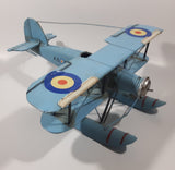 Vintage Style Royal Air Force Blue Bi-Plane Float Plane Large Tin Metal Military Airplane