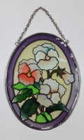 Hand Painted White Pink Flowers Themed Purple Border 6" x 8" Oval Shaped Stained Window Glass Sun Catcher