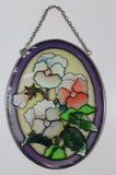 Hand Painted White Pink Flowers Themed Purple Border 6" x 8" Oval Shaped Stained Window Glass Sun Catcher