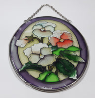 Hand Painted White Pink Flowers Themed Purple Border 6" x 8" Oval Shaped Stained Window Glass Sun Catcher