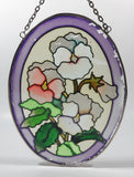 Hand Painted White Pink Flowers Themed Purple Border 6" x 8" Oval Shaped Stained Window Glass Sun Catcher