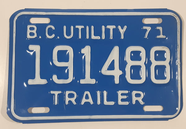 Vintage 1971 British Columbia B.C. Utility Trailer Blue with White Letters Vehicle License Plate 191488