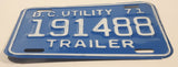 Vintage 1971 British Columbia B.C. Utility Trailer Blue with White Letters Vehicle License Plate 191488