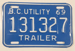 Vintage 1969 British Columbia B.C. Utility Trailer Blue with White Letters Vehicle License Plate 131327