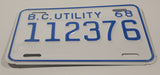 Vintage 1968 British Columbia B.C. Utility Trailer White with Blue Letters Vehicle License Plate 112376