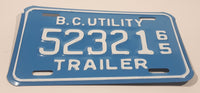 Vintage 1965 British Columbia B.C. Utility Trailer White with Blue Letters Vehicle License Plate 52321