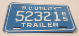 Vintage 1965 British Columbia B.C. Utility Trailer White with Blue Letters Vehicle License Plate 52321