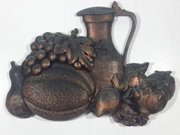 Vintage 1975 MCMLXXV Syroco Dart Ind. 7381 Lidded Pitcher Jug with Fruits and Vegetables Copper Toned 3D Plastic Wall Decor Plaque